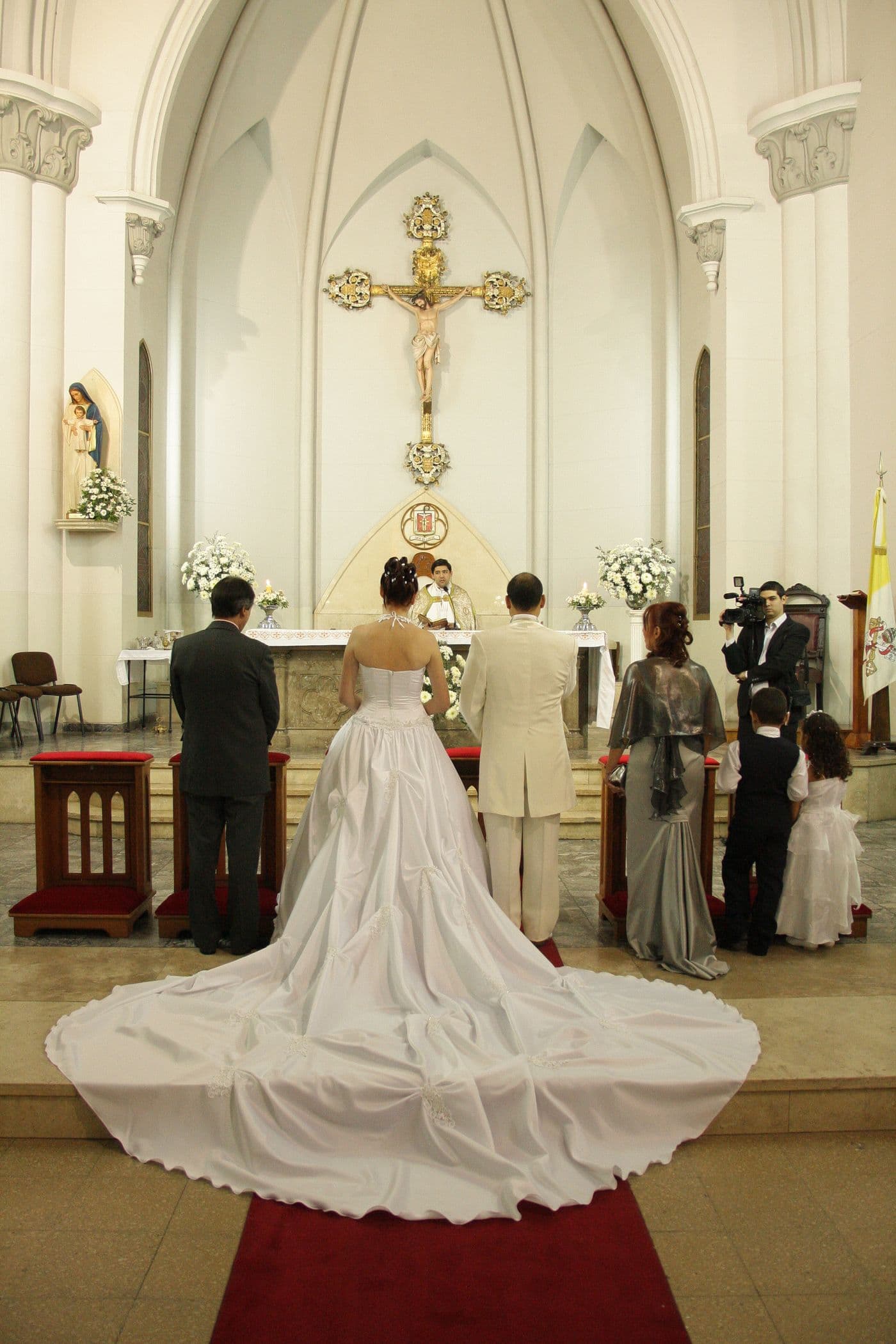 The back and train of a wedding dress