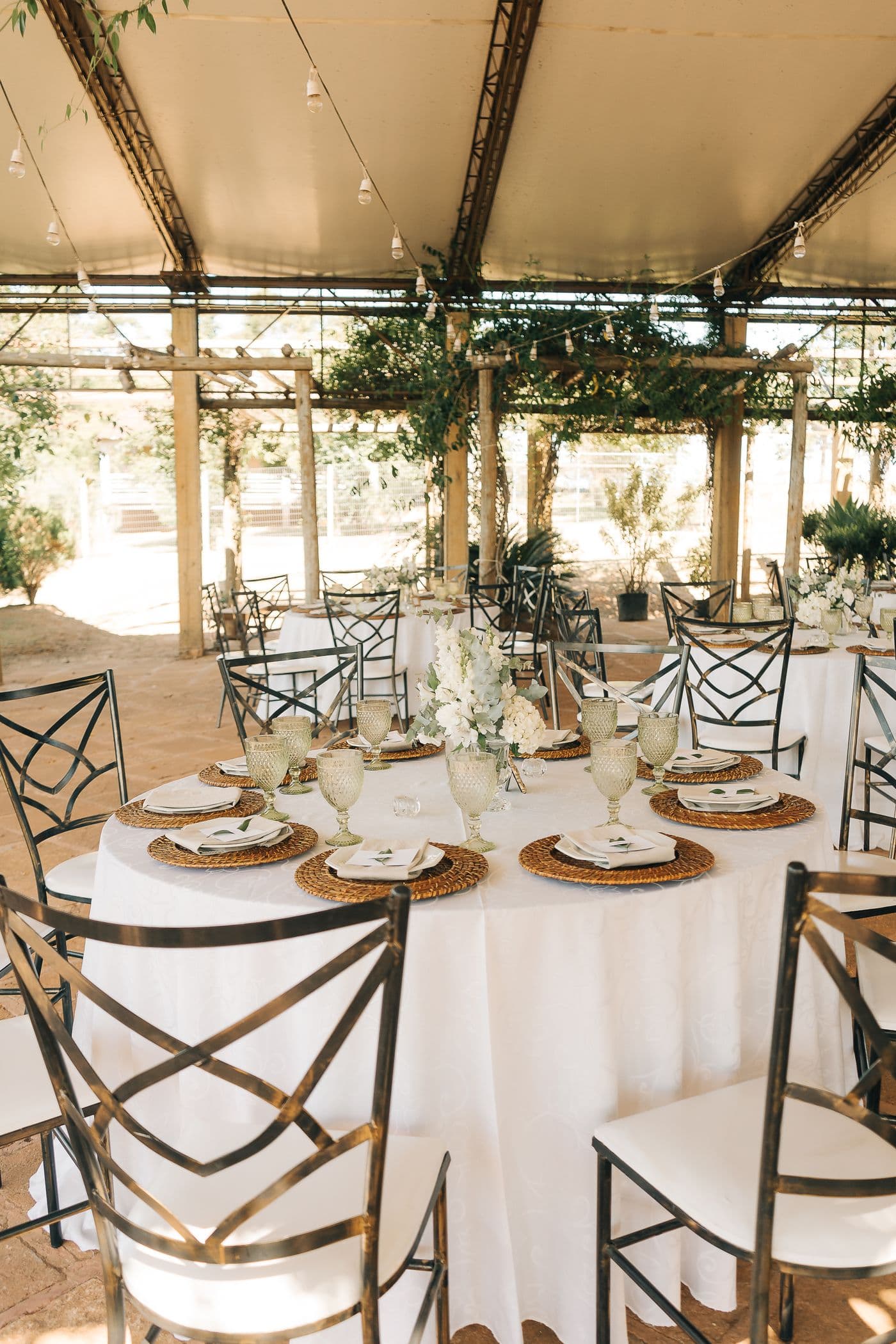 A wedding reception set up and ready for guests